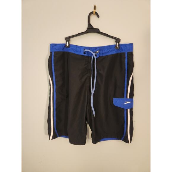 Speedo Swim Shorts Mens Medium Blue Black Striped Board Bermuda Tropical Beach - Picture 4 of 9